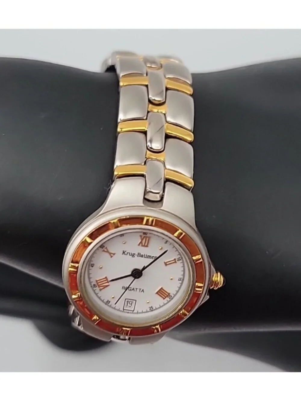 Vtg Krug-Baümen Regatta Ladies Watch Two-Tone 18k Gold Plated Date Quartz 6.5